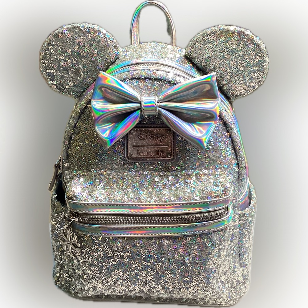 Loungefly Silver Sequin Backpack with Holographic Bow